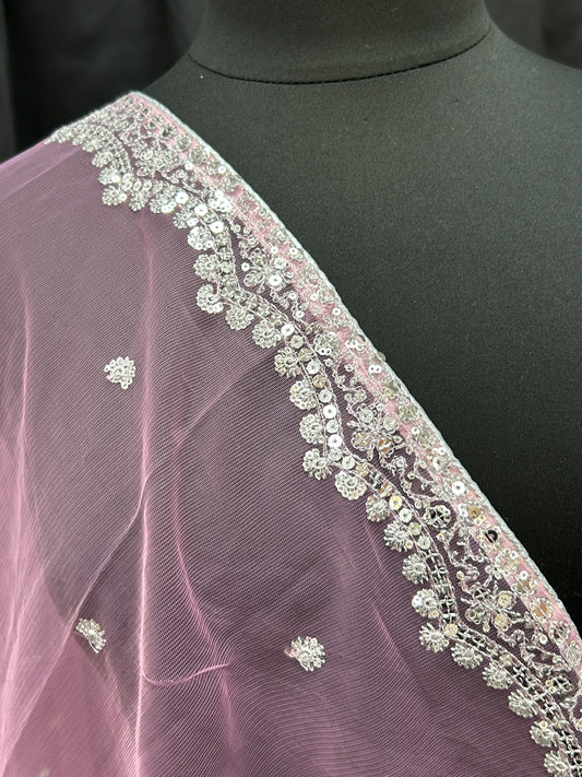 Light pink net dupatta with silver sequin border by Kurti Connection USA