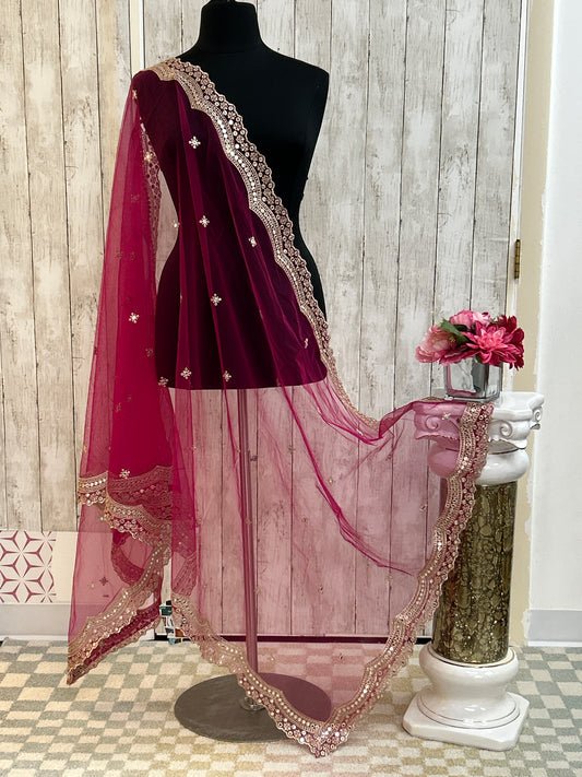 Mirror work dupatta: dark pink by Kurti Connection USA