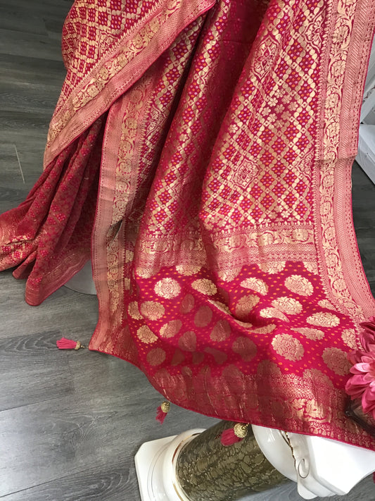 Dark pink banarasi bandhini saree