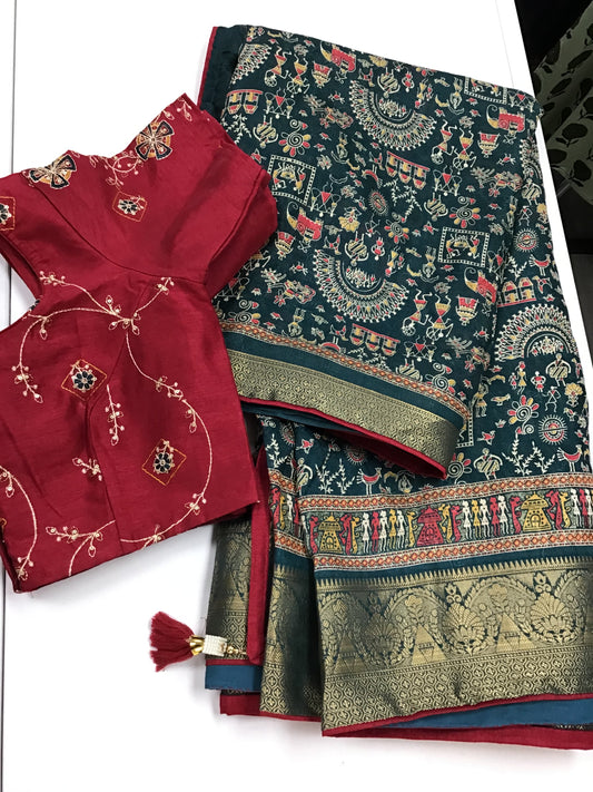 Dark green varliprint saree