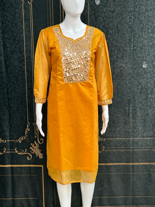 Chanderi silk mirror work kurti - Kurti Connection USA