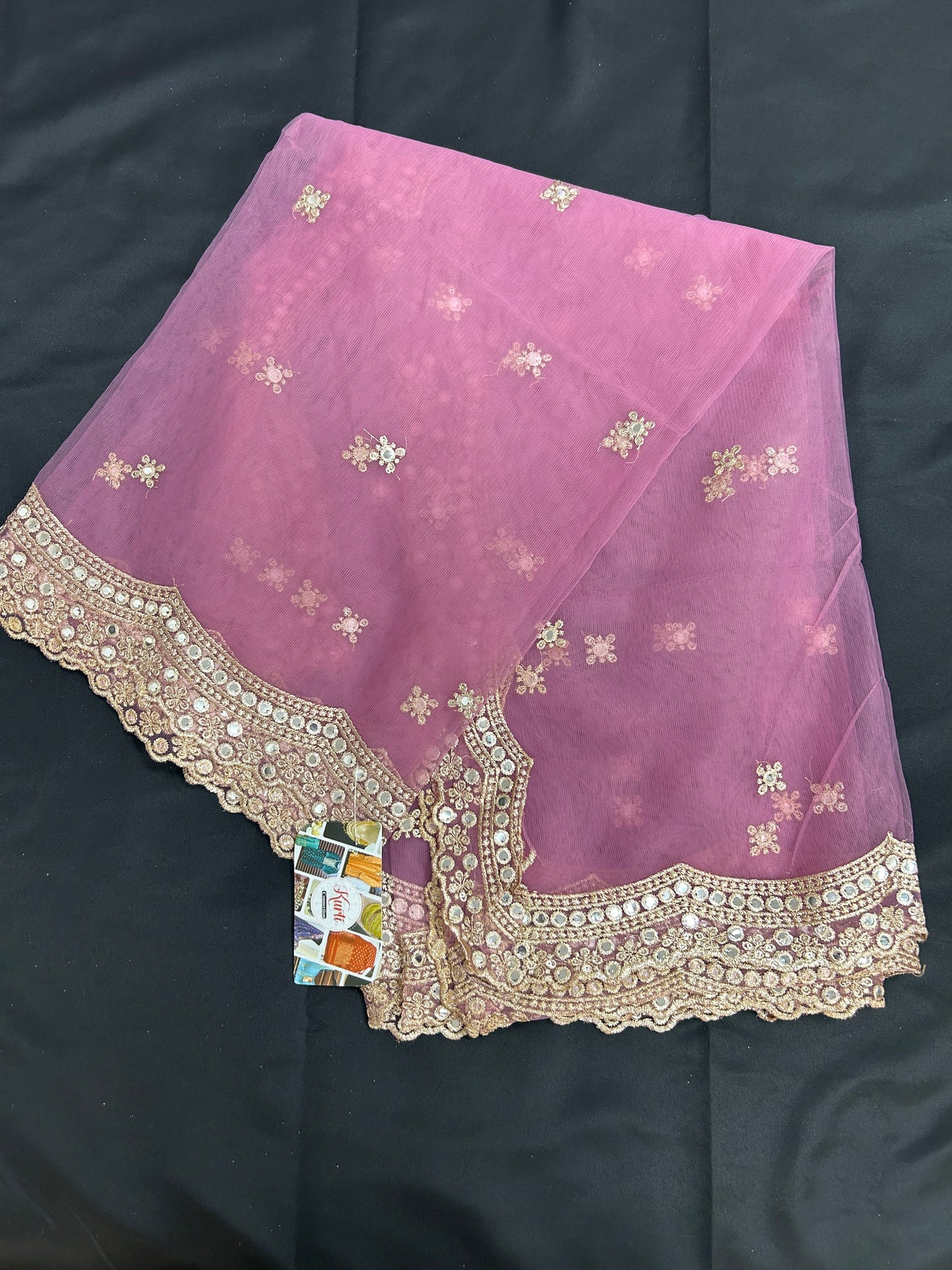 Pink color net duppata with mirror work border