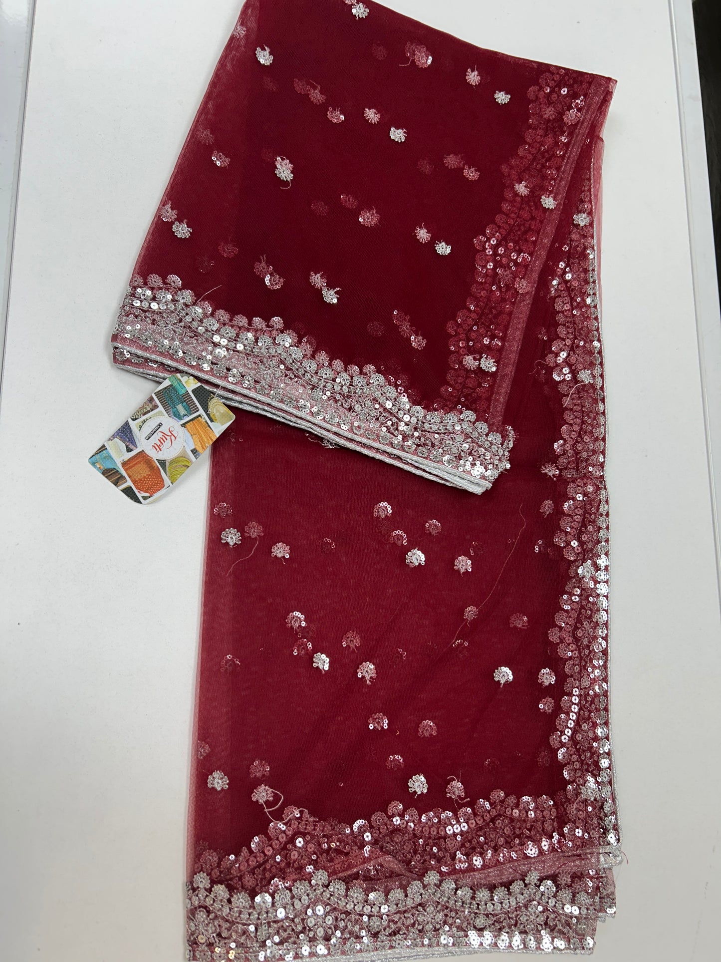 Dark maroon netduppata with silver sequence work