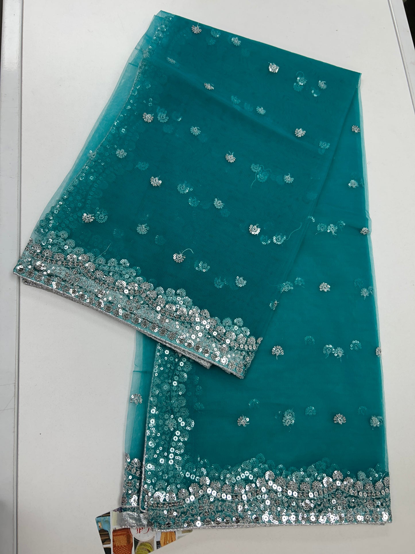 Blue net duppata with silver sequence work