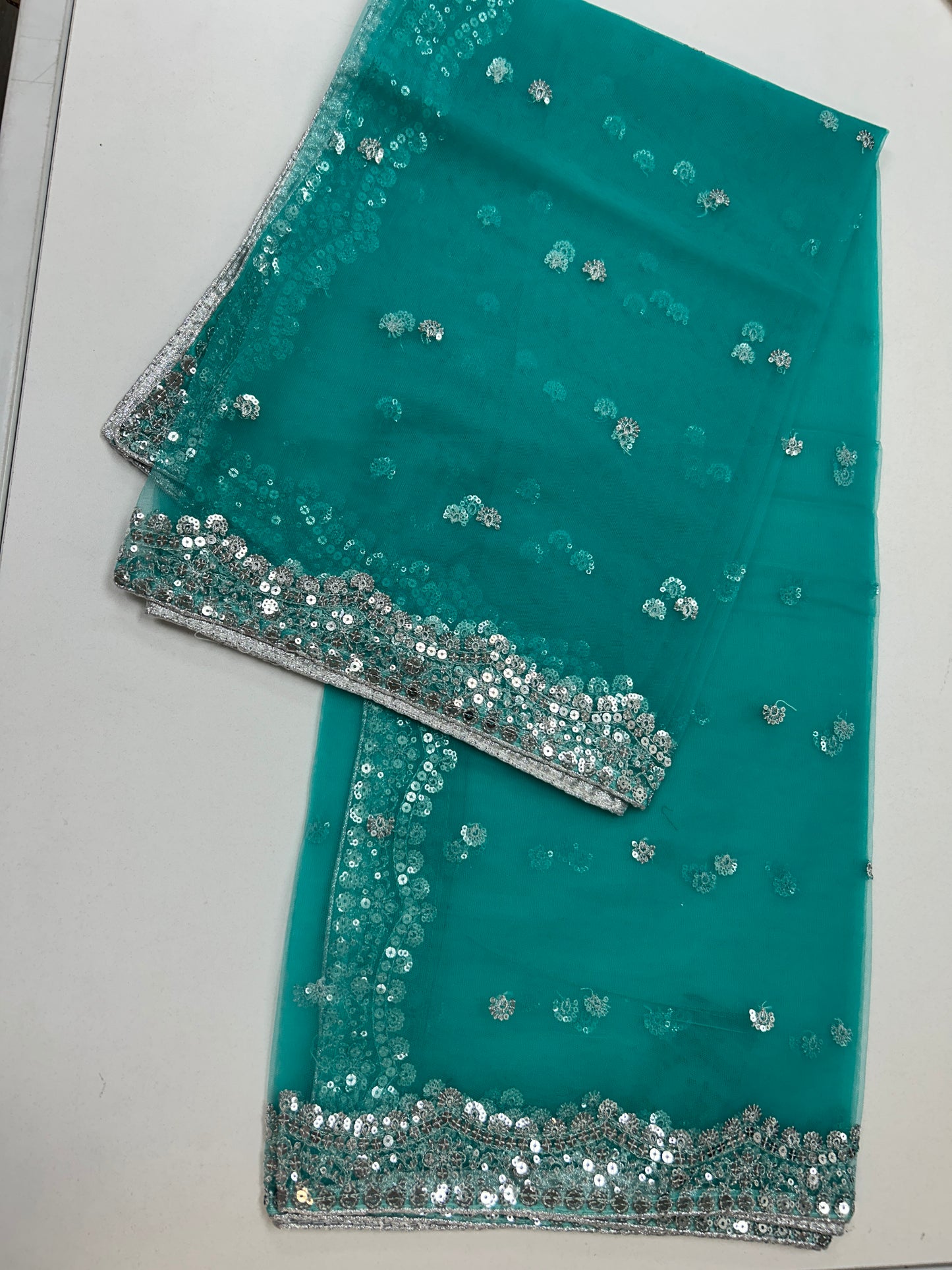 Sea green net duppata with silver sequence work