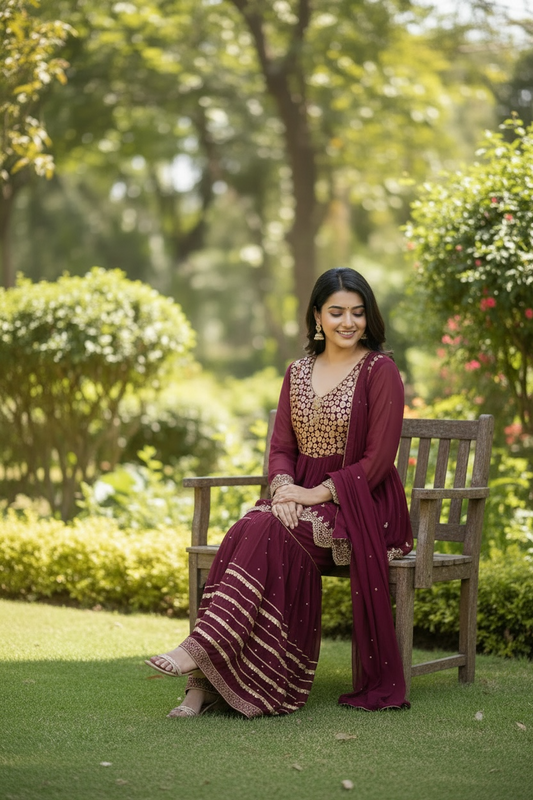Maroon chiffon sharara suit