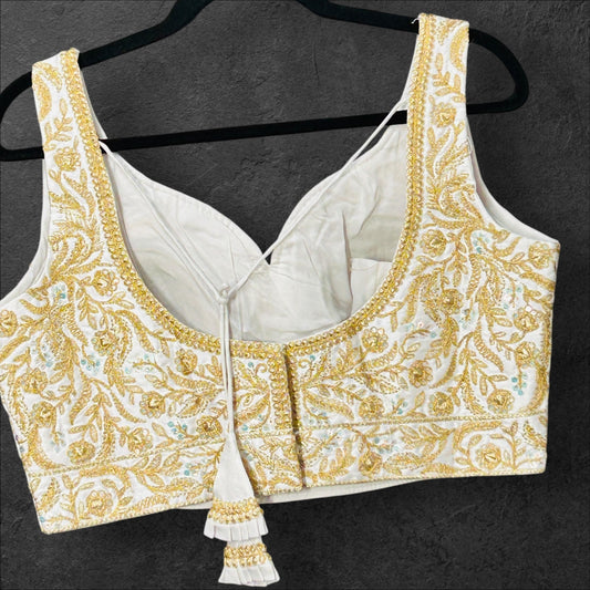 White blouse with gold embroidery - Kurti Connection USA
