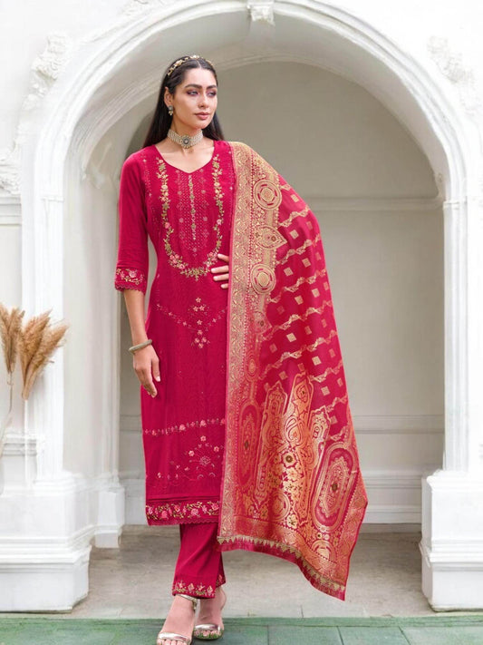 Linen silk Kurti set with banarasi dupatta - Kurti Connection USA