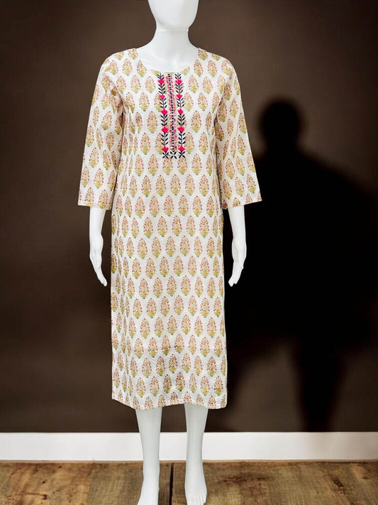 Chikankari cotton Kurti with block print - Kurti Connection USA