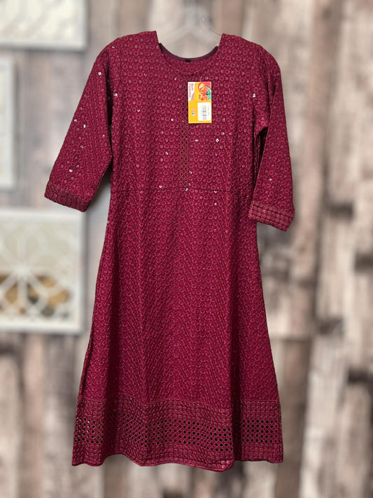 Chikankari kurtis for kids : wine color - Kurti Connection USA