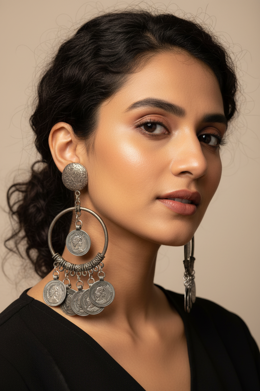 Oxidized coin earrings by Kurti Connection USA