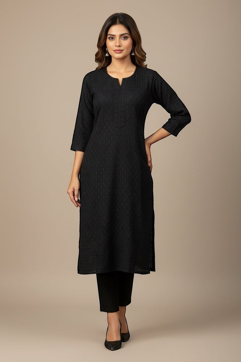 Kurti Connection USA black embroidered cotton kurti with V-neck and three-quarter sleeves.