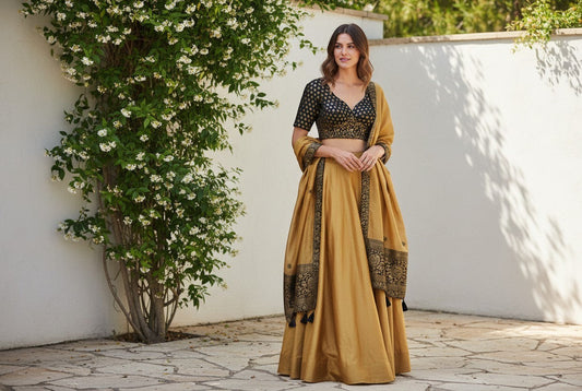Kurti Connection USA black and gold brocade blouse with floral embroidery and sweetheart neckline, paired with a mustard lehenga.