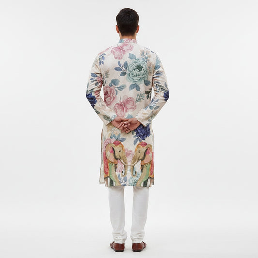 Kurti Connection USA cream floral elephant print kurta with mandarin collar and long sleeves. Men's traditional Indian wear.