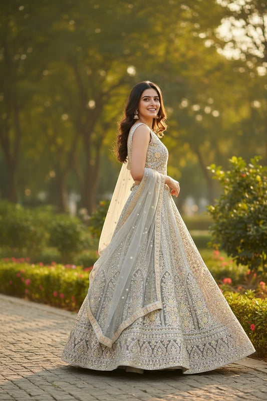 Kurti Connection USA grey embellished lehenga choli with net dupatta, intricate embroidery, and sparkling details.