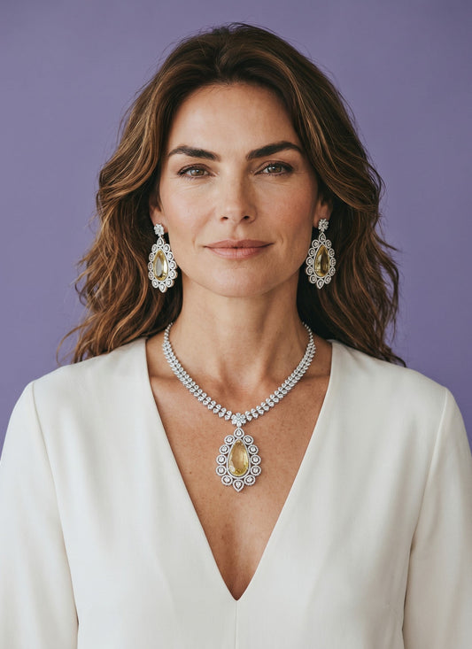 Kurti Connection USA statement necklace and teardrop earrings set with yellow stones and clear crystals.