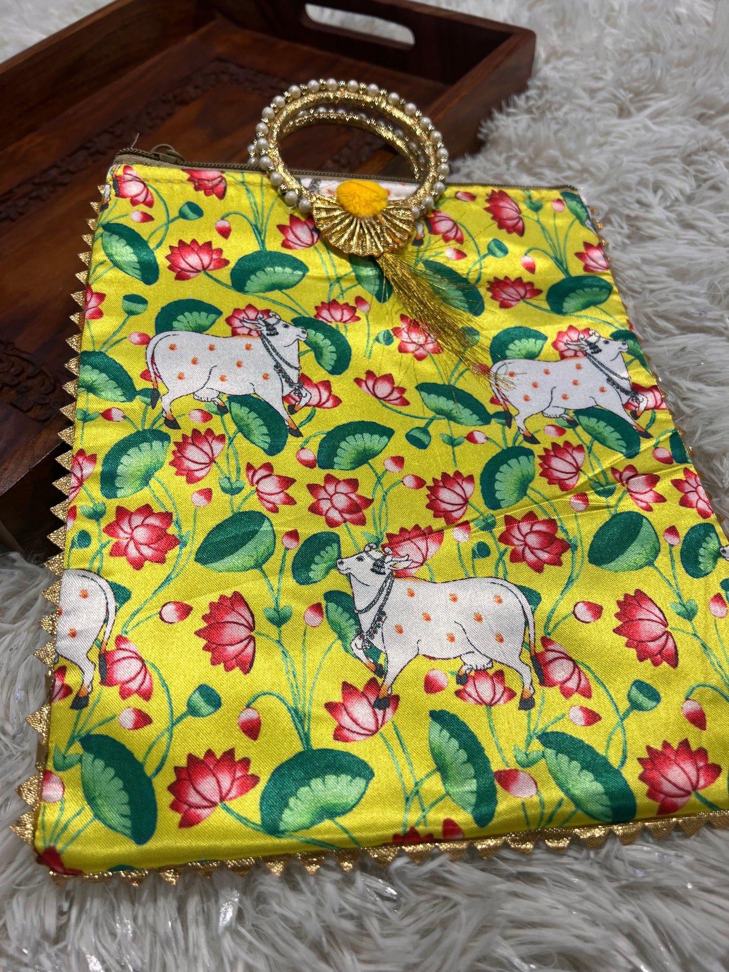 Handmade Yellow Pichwai Cow Print Potli Bag | Indian Ethnic Clutch with Pearl Handle | Festive Wedding Gift by Kurti Connection USA