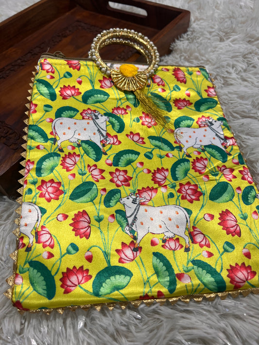 Handmade Yellow Pichwai Cow Print Potli Bag | Indian Ethnic Clutch with Pearl Handle | Festive Wedding Gift by Kurti Connection USA