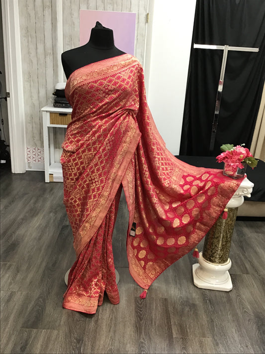 Dark pink  banarasi bandhini saree