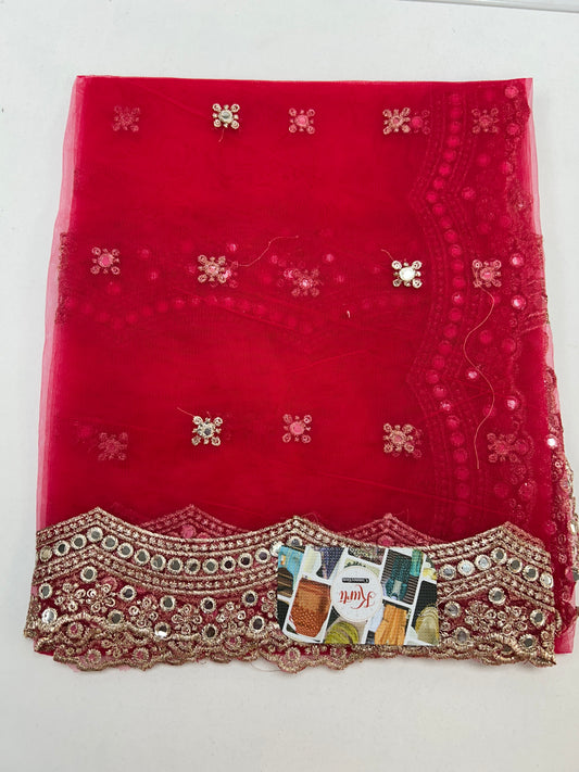Dark pink net duppata with mirror work border
