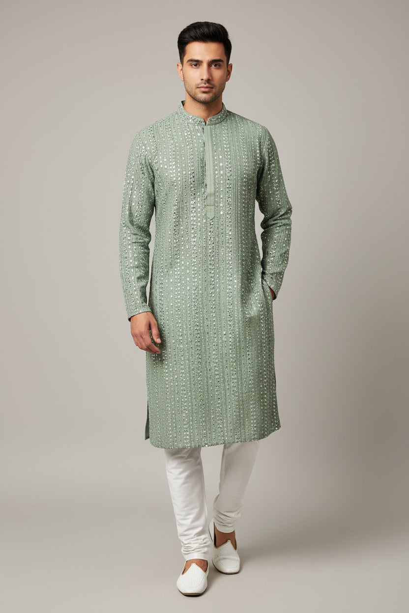Light green kurta pajama set for men by Kurti Connection USA