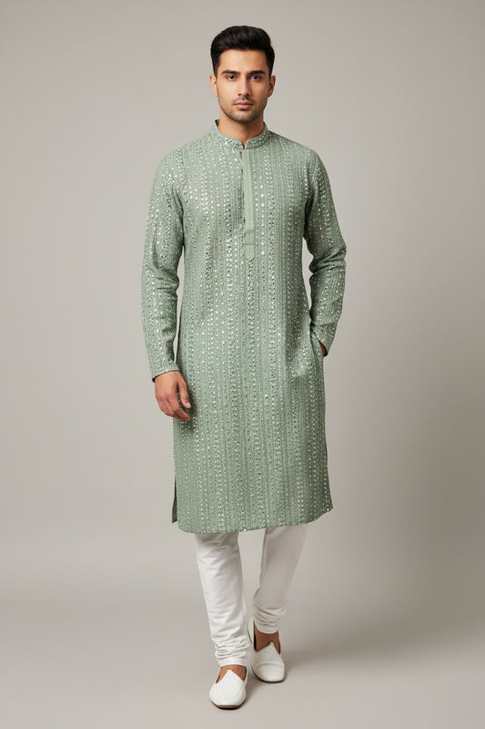 Light green kurta pajama set for men by Kurti Connection USA