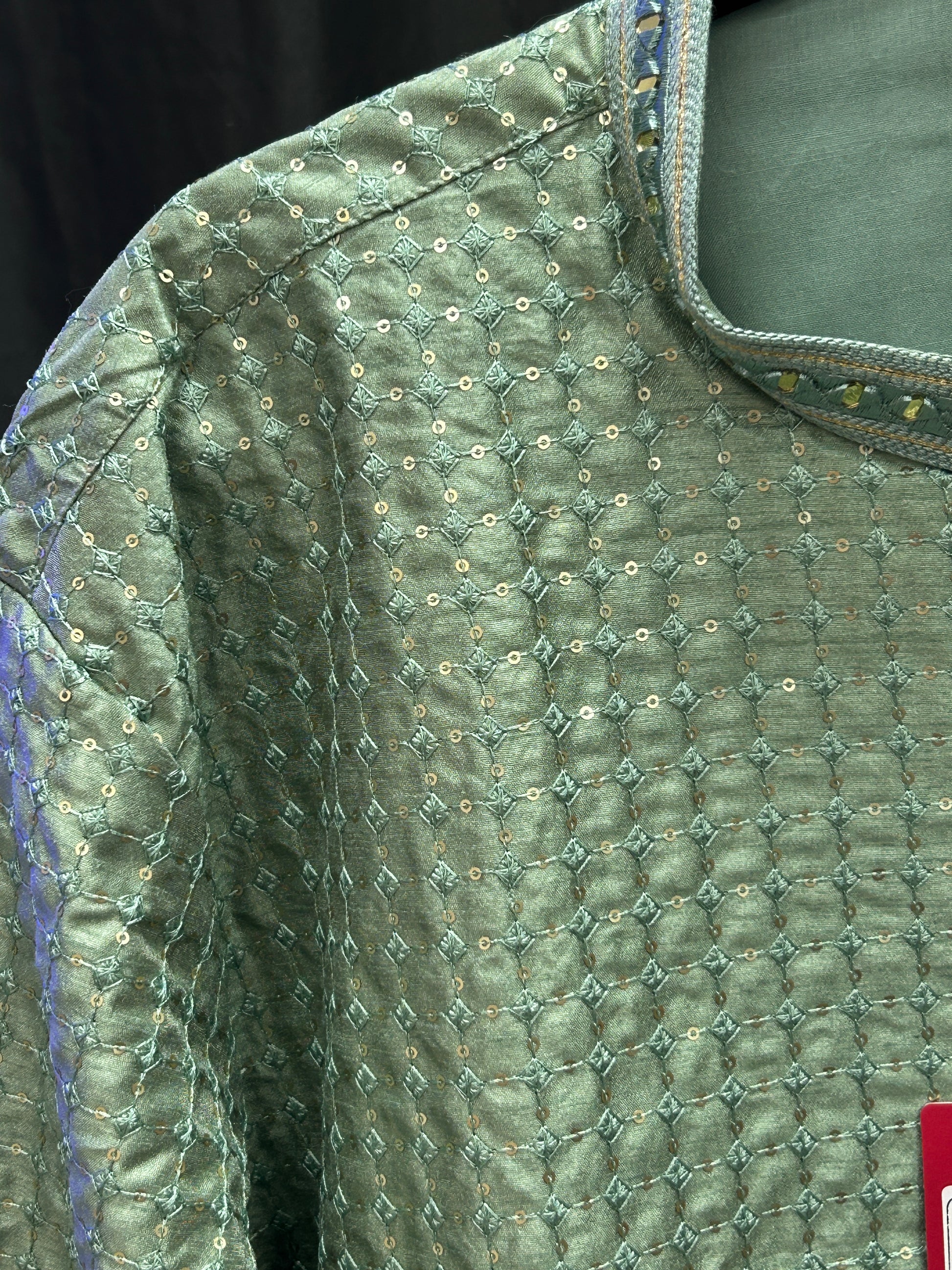 Silk kurta pajama with embroidery and mirror work by Kurti Connection USA