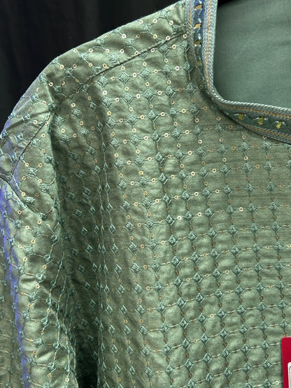 Silk kurta pajama with embroidery and mirror work by Kurti Connection USA