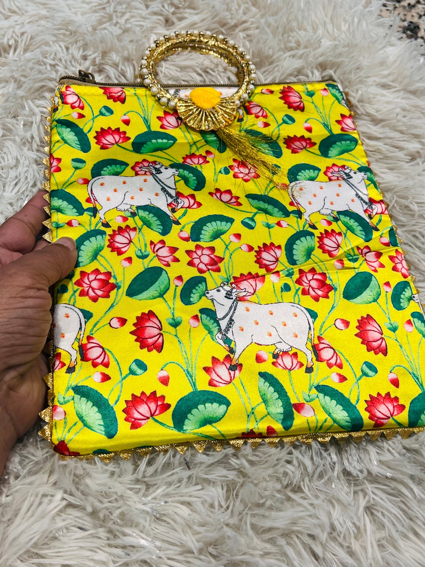 Handmade Yellow Pichwai Cow Print Potli Bag | Indian Ethnic Clutch with Pearl Handle | Festive Wedding Gift by Kurti Connection USA