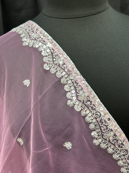 Light pink net dupatta with silver sequin border by Kurti Connection USA