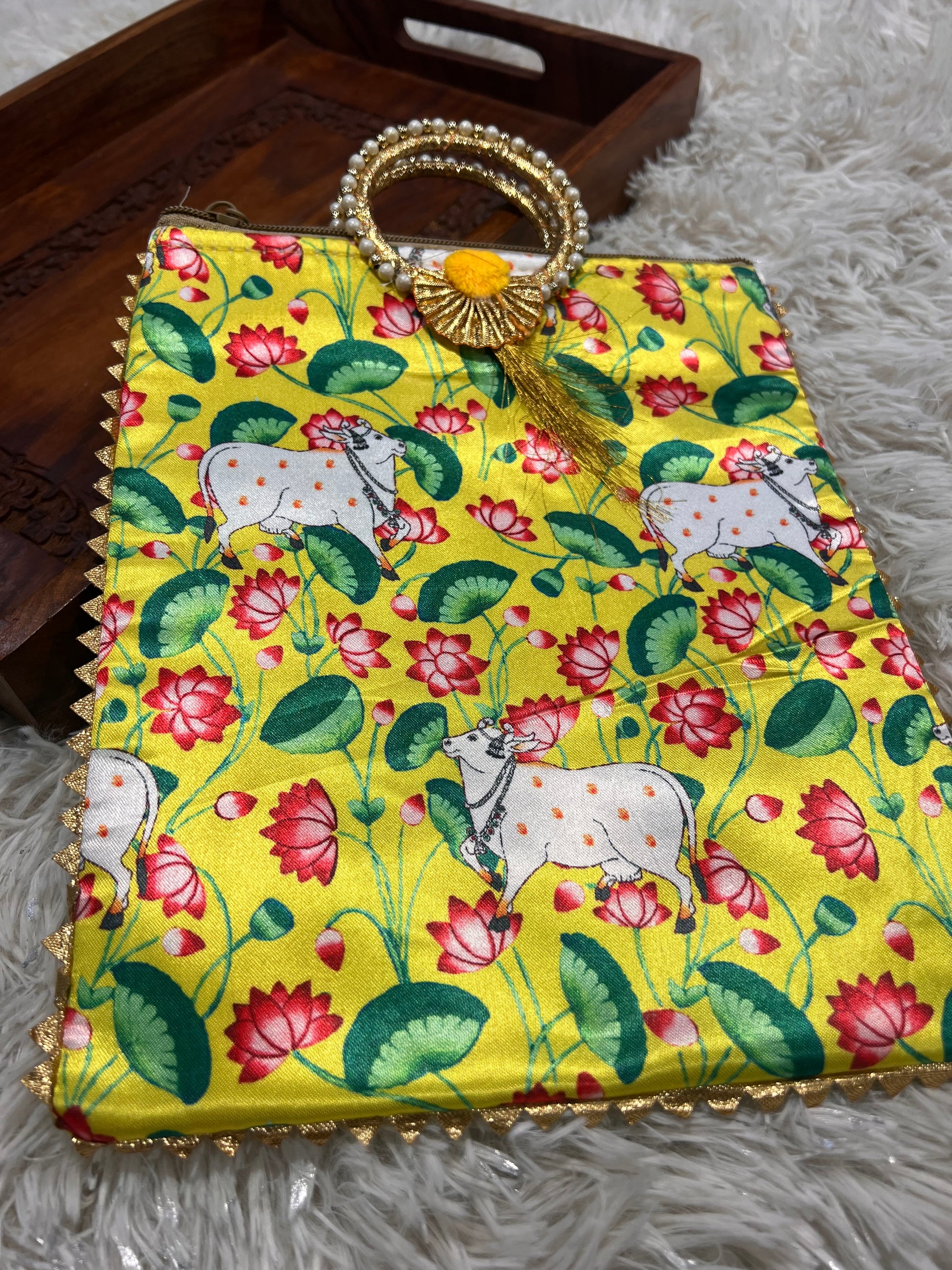 Handmade Yellow Pichwai Cow Print Potli Bag | Indian Ethnic Clutch with Pearl Handle | Festive Wedding Gift by Kurti Connection USA