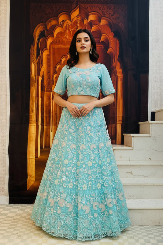 Light blue party wear Lehenga choli set by Kurti Connection USA