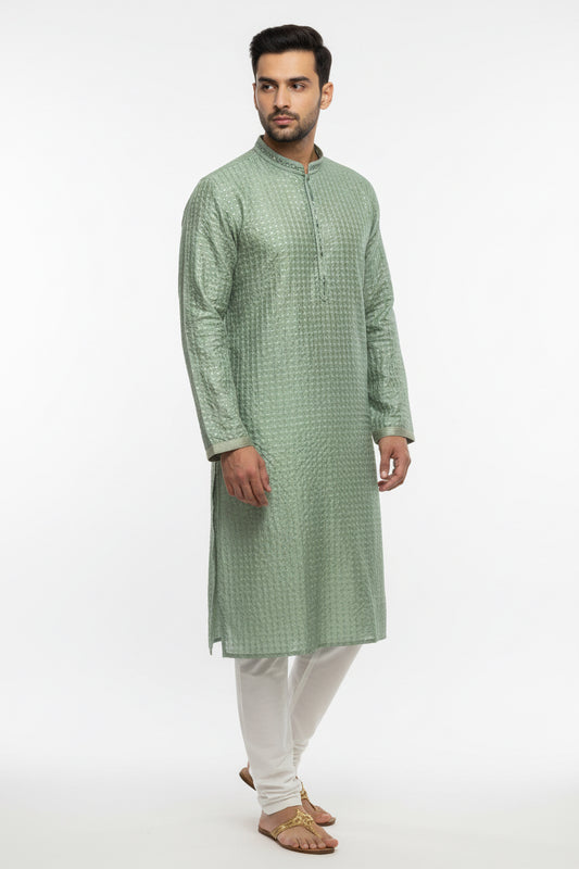 Silk kurta pajama with embroidery and mirror work by Kurti Connection USA