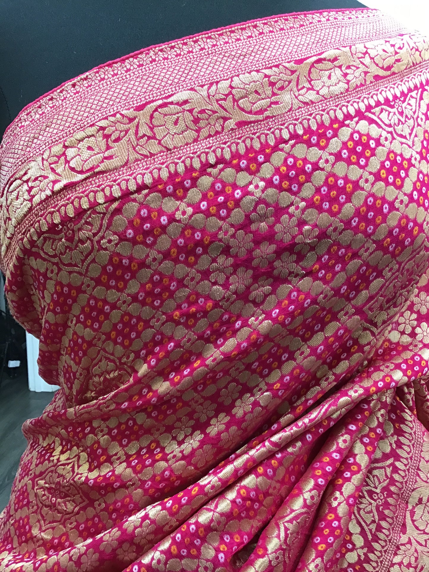 Dark pink  banarasi bandhini saree