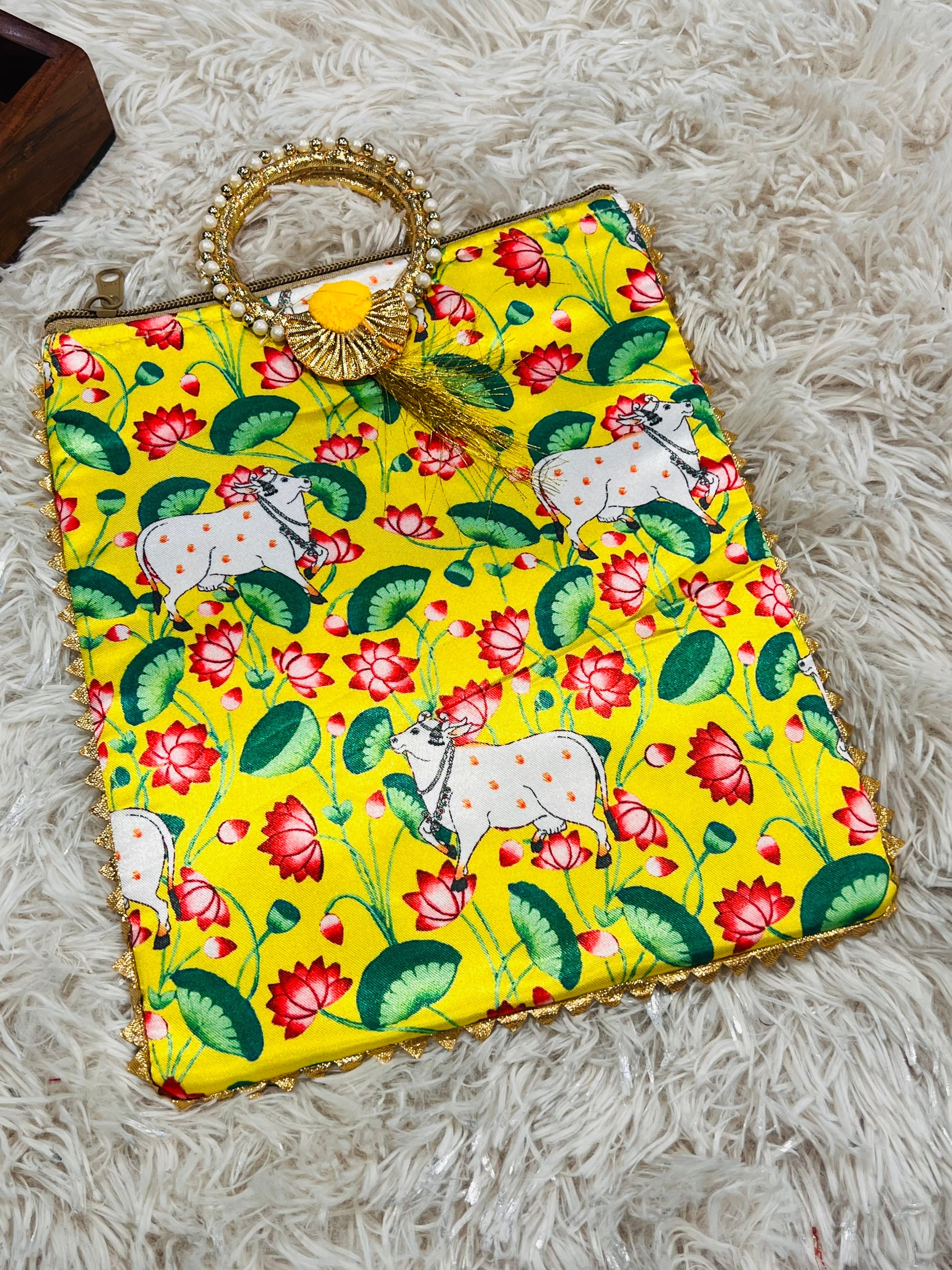 Handmade Yellow Pichwai Cow Print Potli Bag | Indian Ethnic Clutch with Pearl Handle | Festive Wedding Gift by Kurti Connection USA