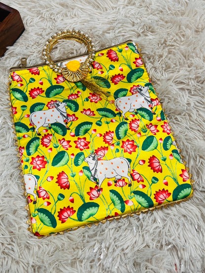 Handmade Yellow Pichwai Cow Print Potli Bag | Indian Ethnic Clutch with Pearl Handle | Festive Wedding Gift by Kurti Connection USA