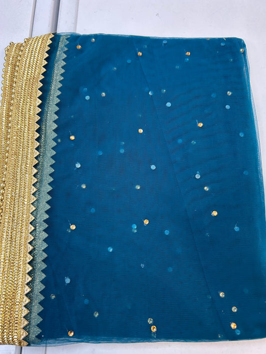 Blue net duppata with heavy lace