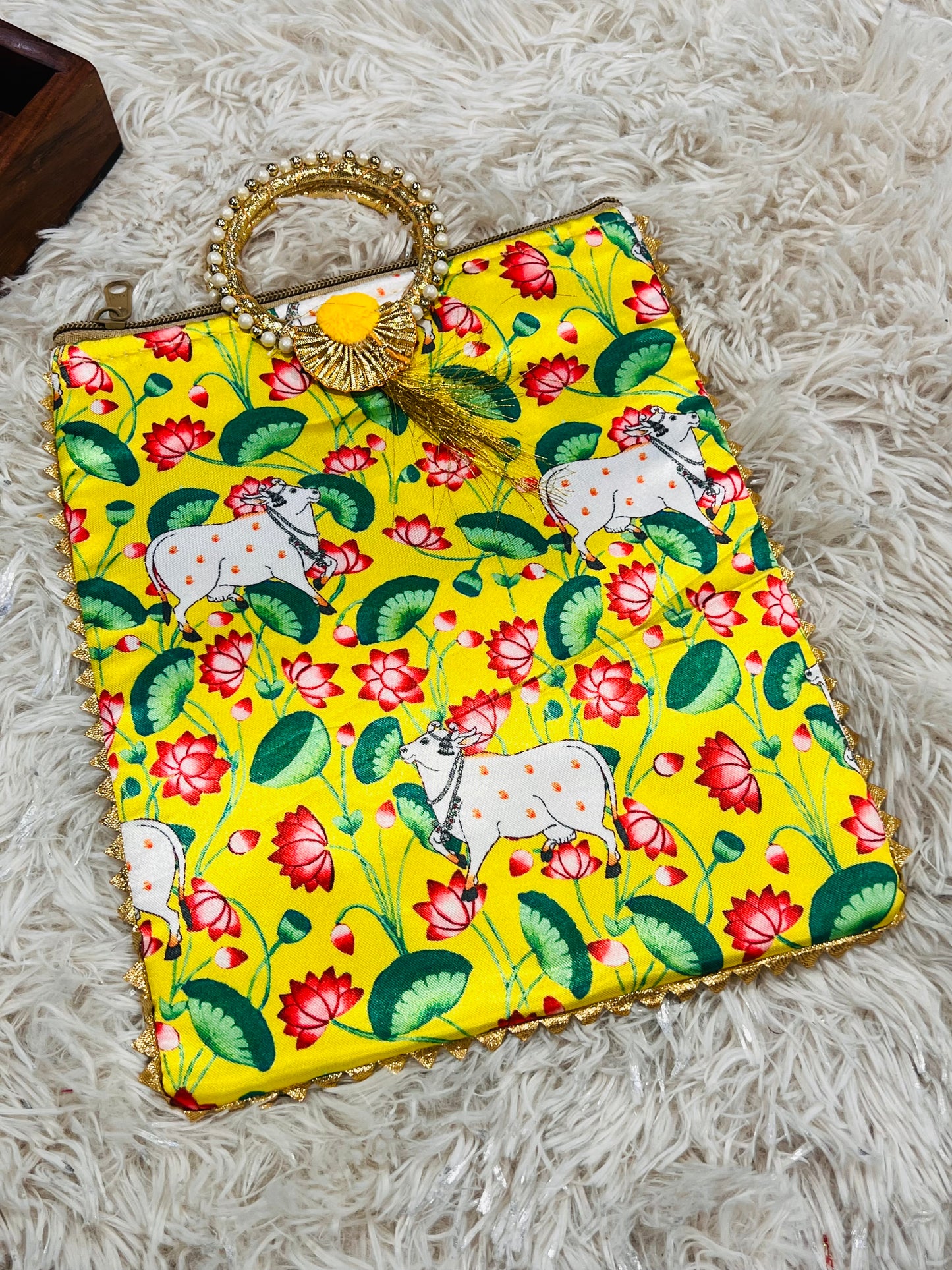 Handmade Yellow Pichwai Cow Print Potli Bag | Indian Ethnic Clutch with Pearl Handle | Festive Wedding Gift by Kurti Connection USA