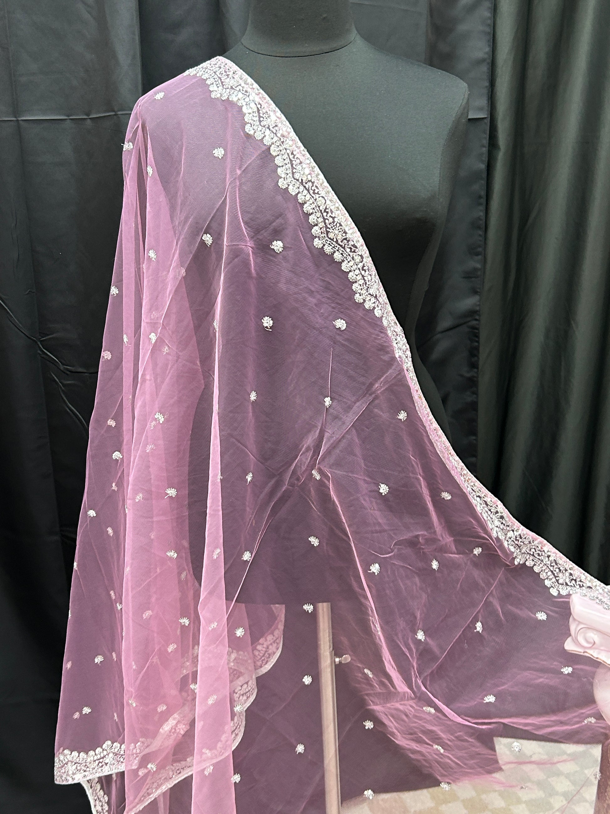 Light pink net dupatta with silver sequin border by Kurti Connection USA