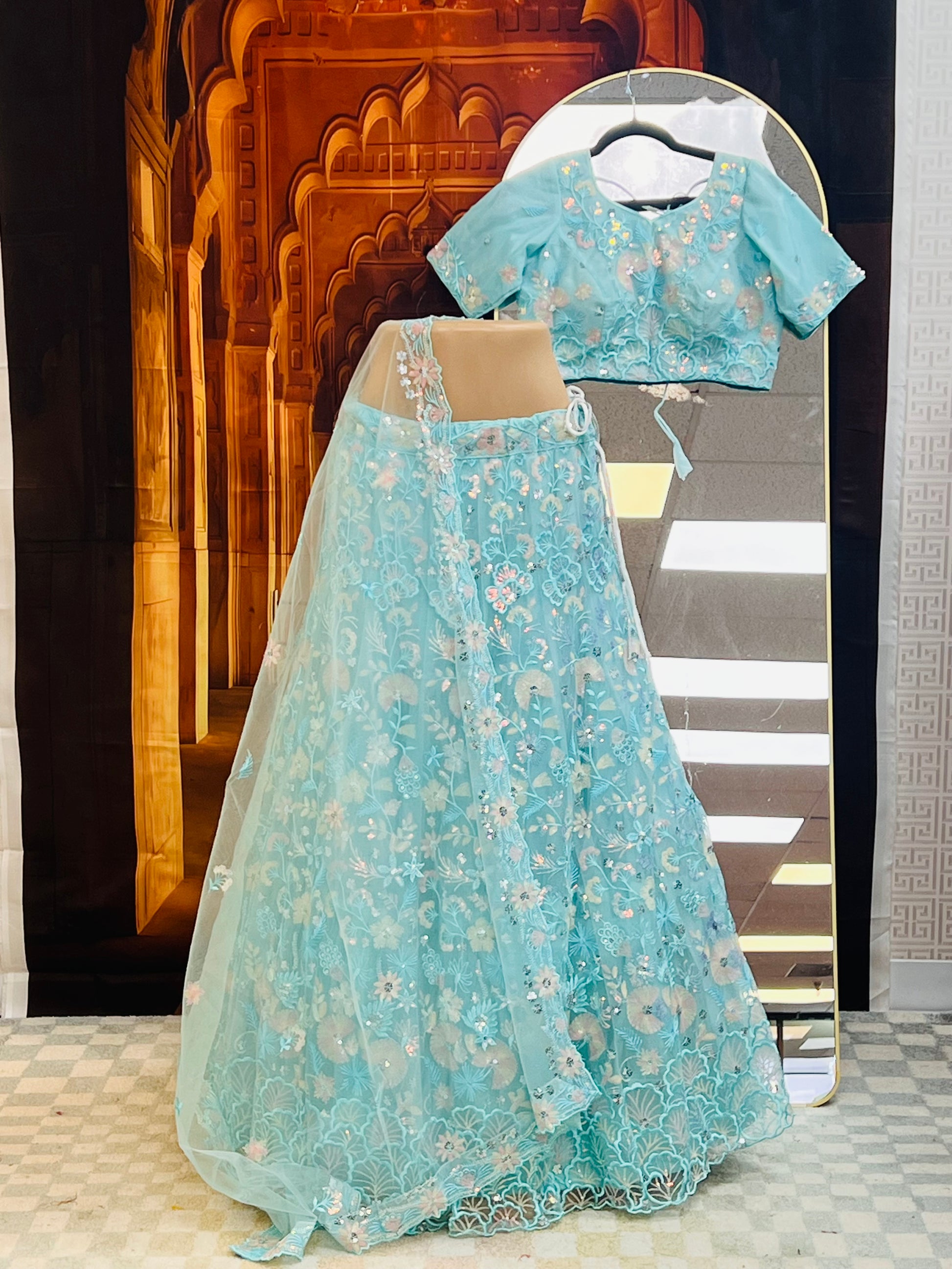 Light blue party wear Lehenga choli set by Kurti Connection USA