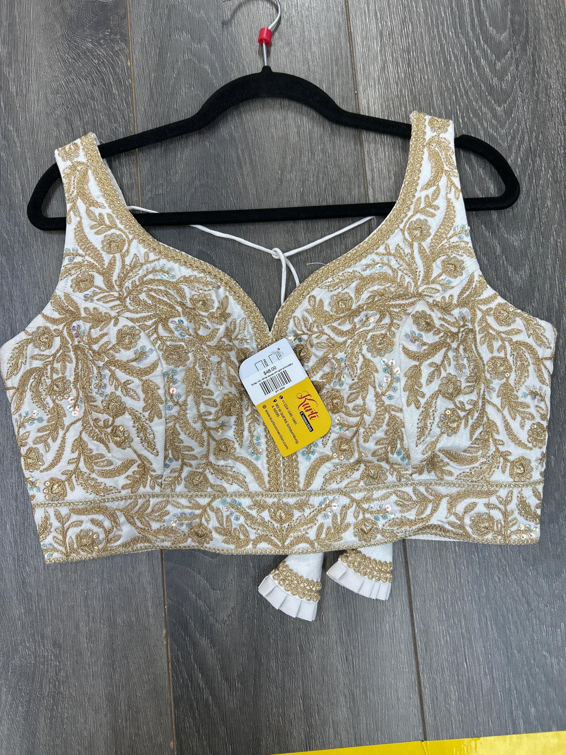 White blouse with gold embroidery by Kurti Connection USA