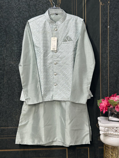 Light grey silk kurta set with jacket - Kurti Connection USA