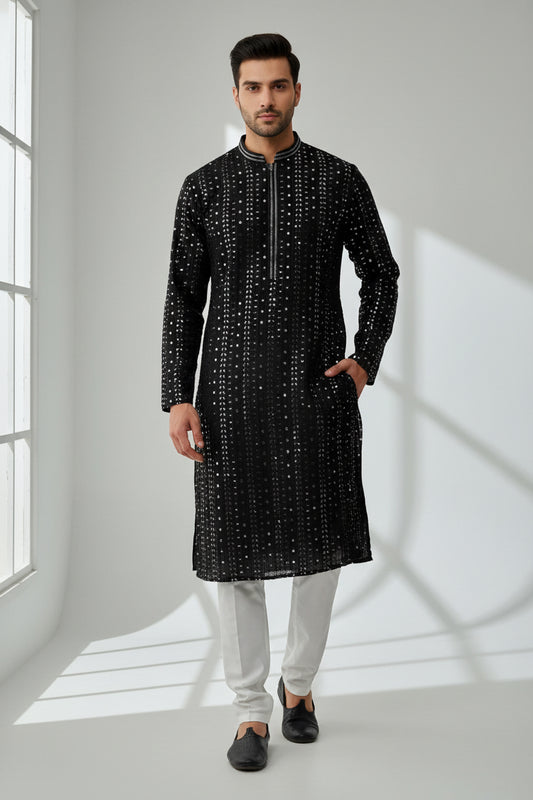 Black mirror work kurta pajama for men by Kurti Connection USA