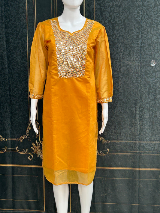 Chanderi silk mirror work kurti - Kurti Connection USA