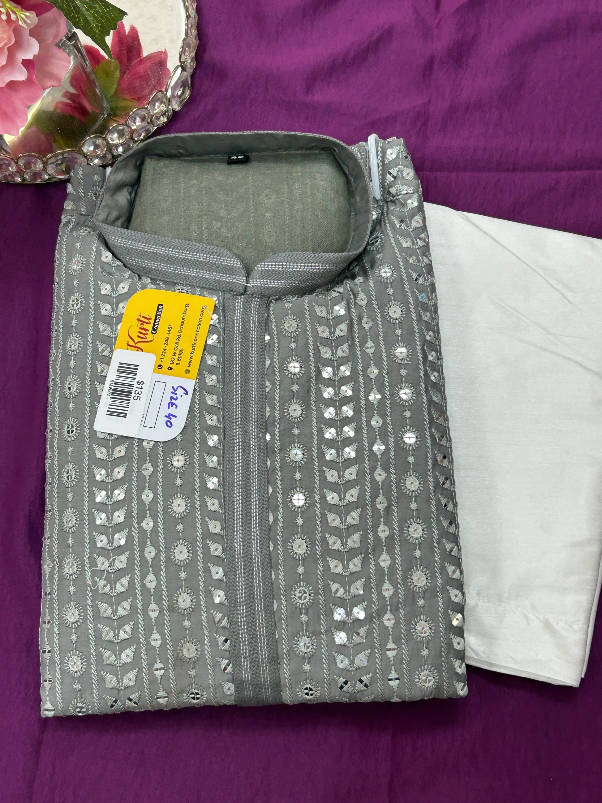 Sequin kurta set : light grey - Kurti Connection USA