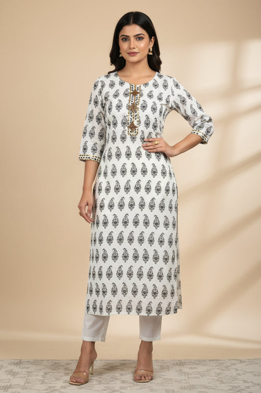 White printed Kurti Chikankari work