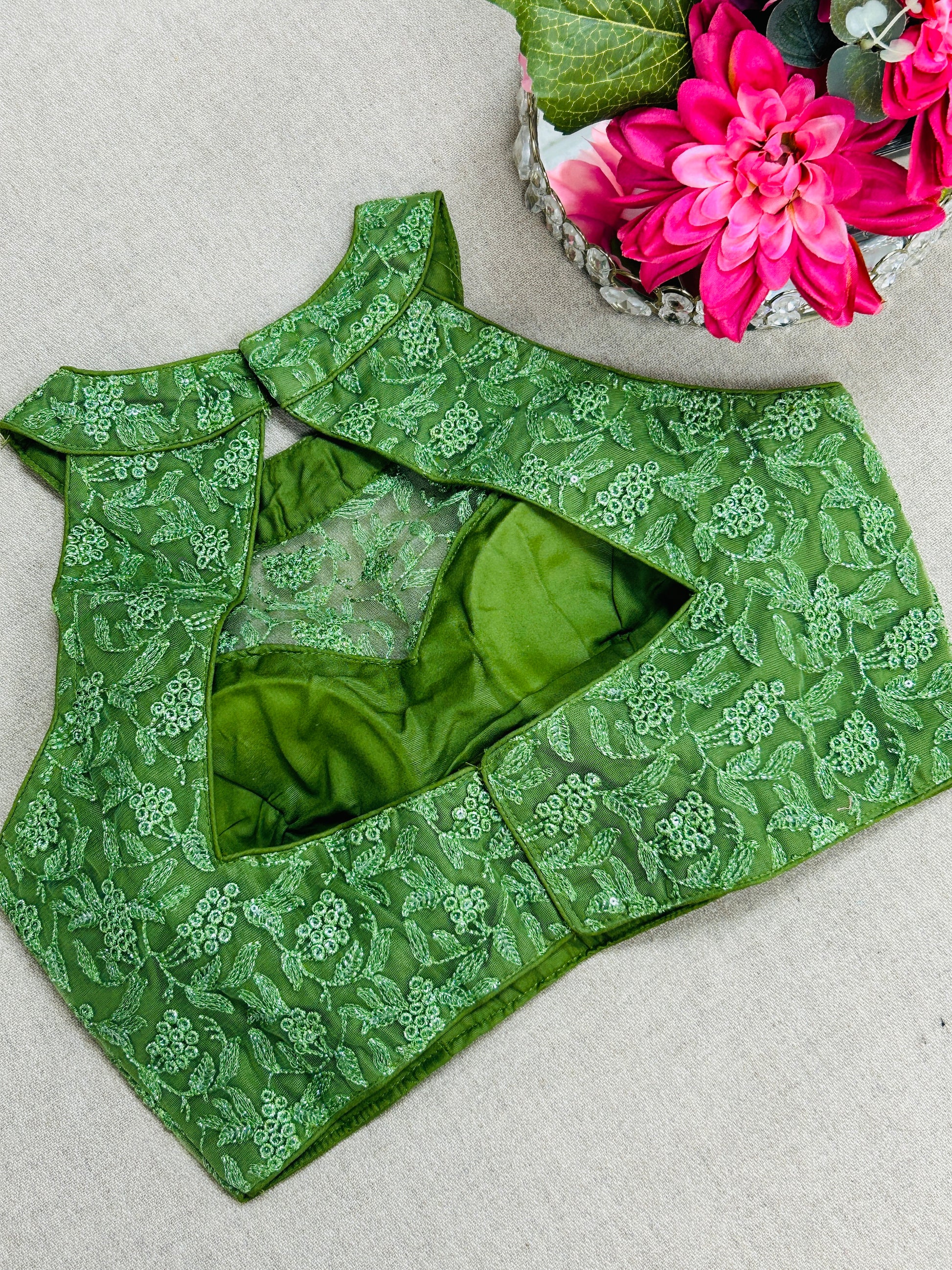 Green : Halter neck embroidered blouse - Kurti Connection USA