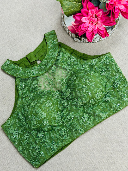 Green : Halter neck embroidered blouse - Kurti Connection USA
