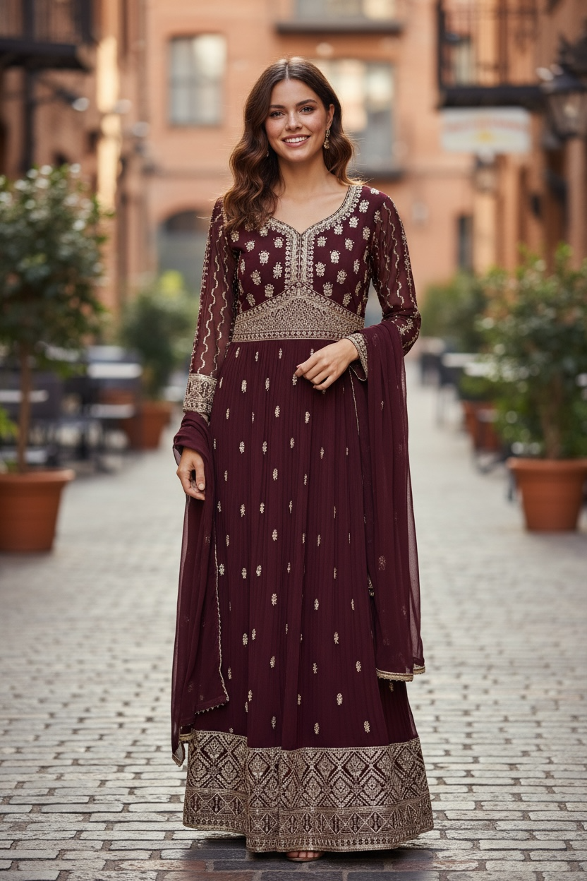 Party wear long gown : wine color by Kurti Connection USA