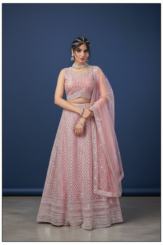 Blush Pink Lehenga Choli - Wedding Party Wear Set by Kurti Connection USA